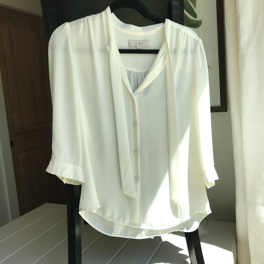 LOFT White Blouse with Tie Neck (Size S)
